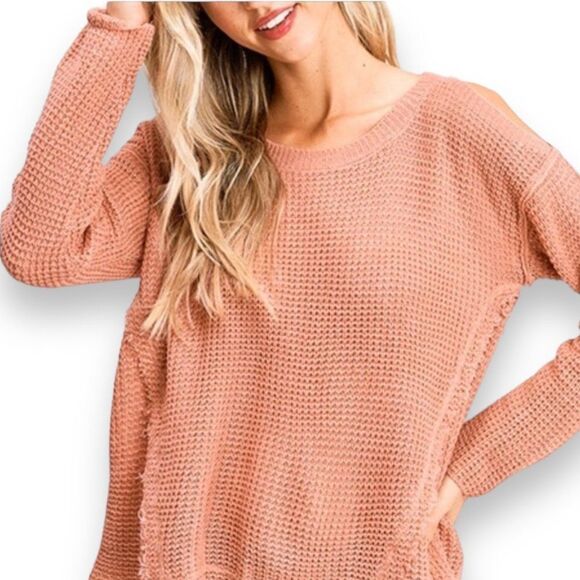 Dusty Rose Moonshine Open Shoulder Lightweight Distressed Waffle Sweater NEW - Picture 1 of 4